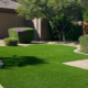 Curved turf lawn, desert yard.