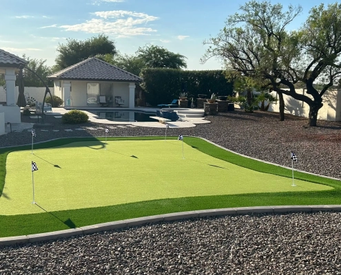 Backyard putting green with pool and patio area in a landscaped yard