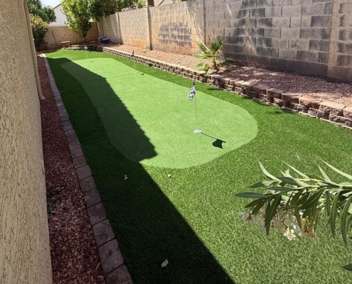 Artificial grass backyard with a putting green
