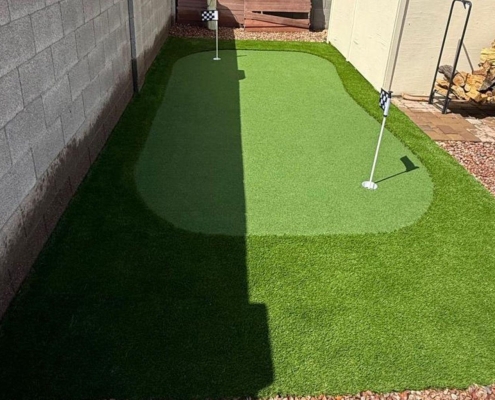 Backyard artificial turf putting green with two golf holes