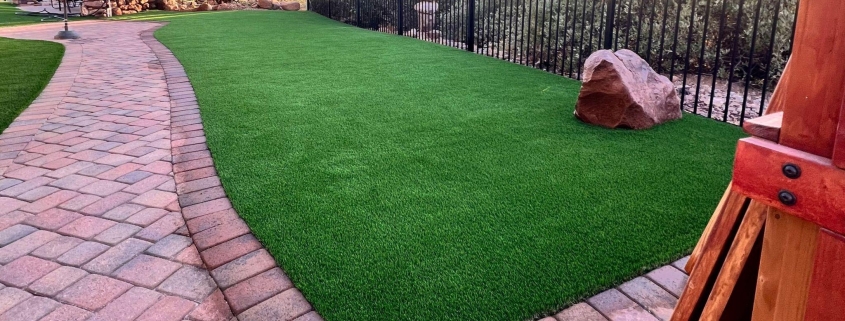 Backyard with a curved brick walkway