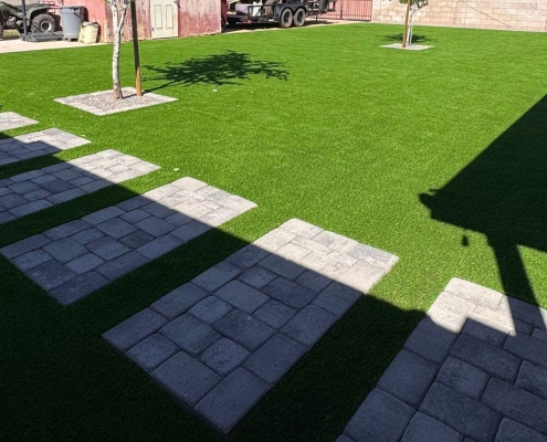 Stepping stones across a green lawn.