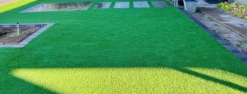 Green artificial grass lawn with stepping stones